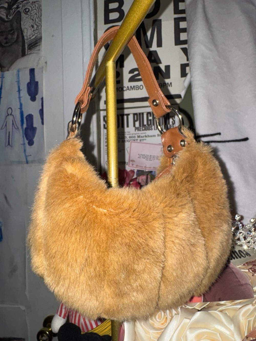 Plush Faux Fur Shoulder Bag in Camel